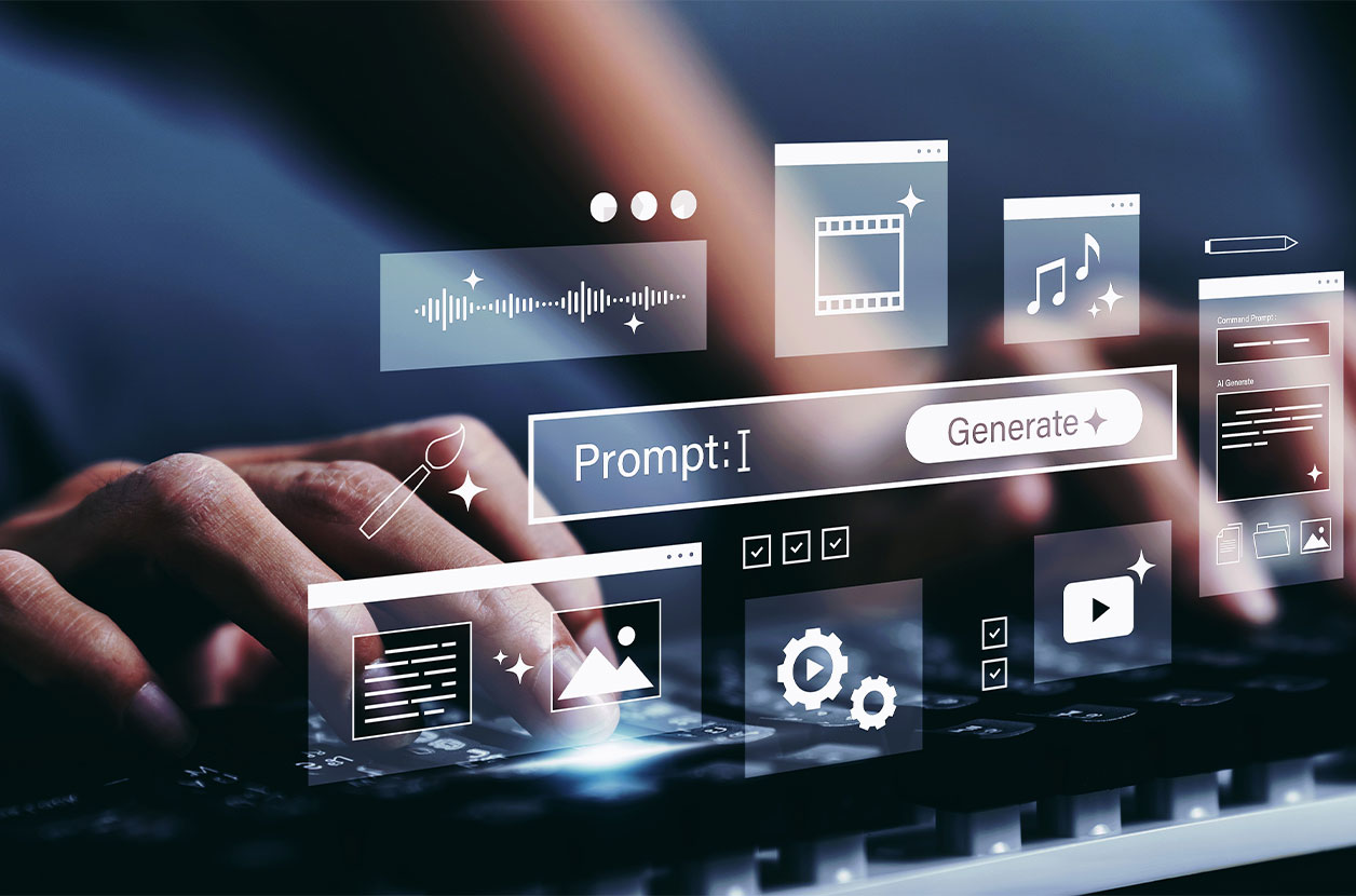 Hands typing on a keyboard with AI-generated content, media, and workflow icons overlaid on a digital interface.