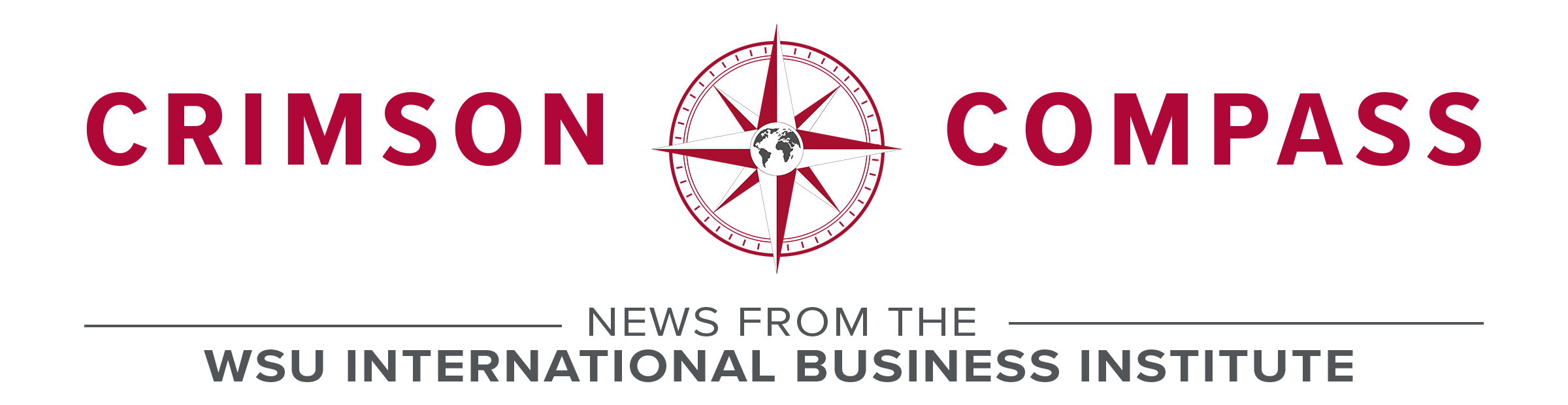 Crimson Compass masthead with a red compass rose centered between the words “Crimson” and “Compass,” above the tagline “News from the WSU International Business Institute.
