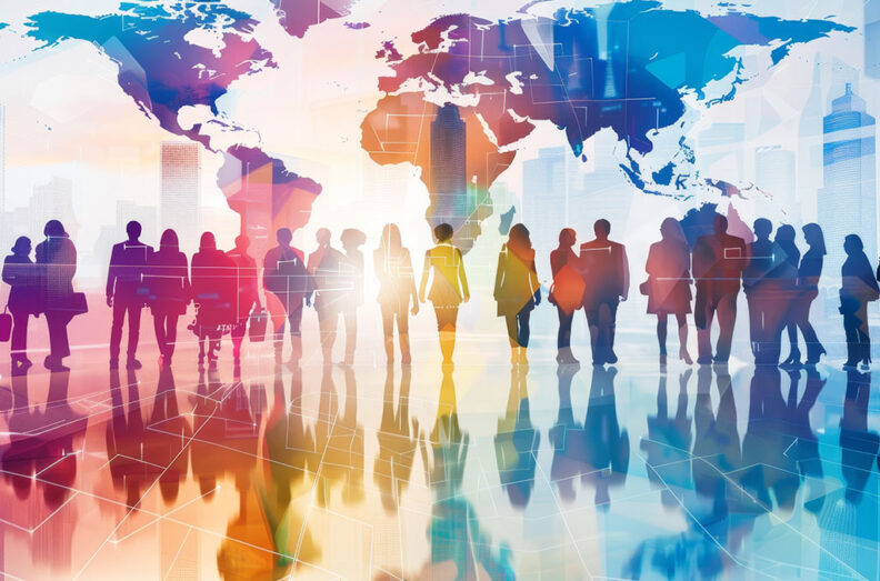 Silhouetted figures stand against a colorful world map backdrop with cityscape elements, symbolizing global business and international collaboration.