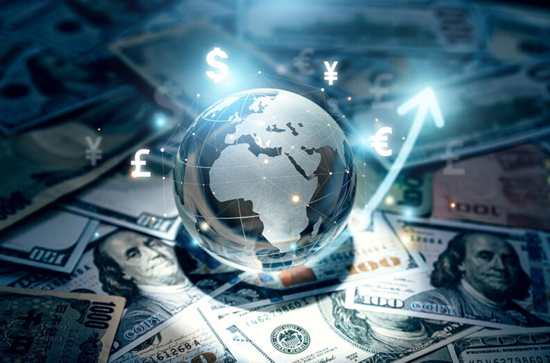 A glowing globe surrounded by currency symbols sits atop assorted international banknotes, with an upward arrow suggesting global financial growth.