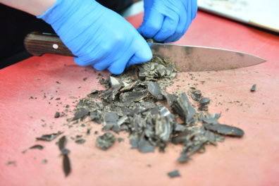 Hands wearing blue gloves chopping dark chocolate pieces on a red cutting board with a large kitchen knife.
