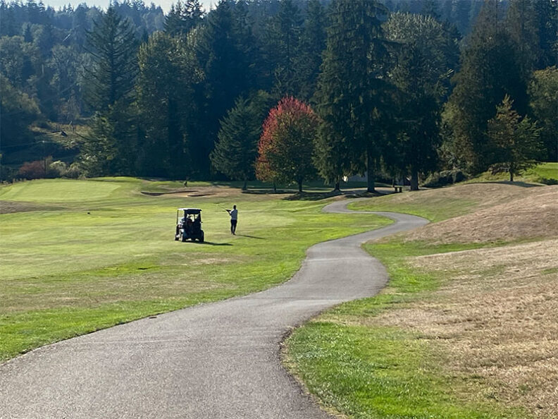 Golf course with a winding paved path, a golf cart parked on the fairway, and a person standing nearby, surrounded by trees with some autumn colors.
