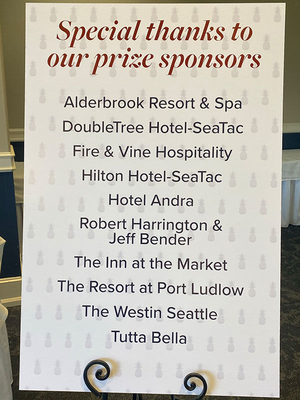 Poster thanking prize sponsors for the SHBM First Annual Golf Tournament, listing Alderbrook Resort & Spa, DoubleTree Hotel-SeaTac, Fire & Vine Hospitality, Hilton Hotel-SeaTac, Hotel Andra, Robert Harrington & Jeff Bender, The Inn at the Market, The Resort at Port Ludlow, The Westin Seattle, and Tutta Bella.