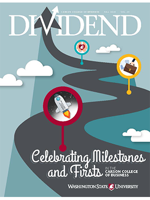 2020 Dividend magazine cover featuring a winding road with milestone markers, including icons like a rocket and medal, with the headline “Celebrating Milestones and Firsts.”