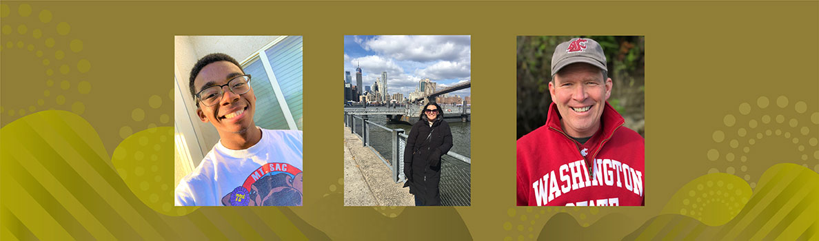 Side‑by‑side photos of William Babbitt, a CougsFirst! Mentoring Program student, with mentors Kaitlin Brown and Mike Bernard shown in different outdoor settings.