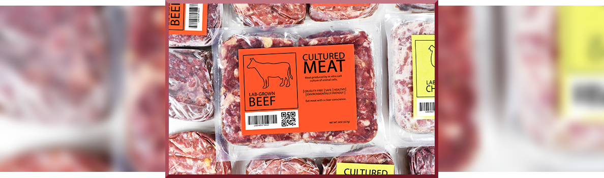 Packages of lab‑grown cultured meat arranged on a display, with a bright orange label reading ‘Cultured Meat’ and ‘Lab‑Grown Beef’ among other sealed products.