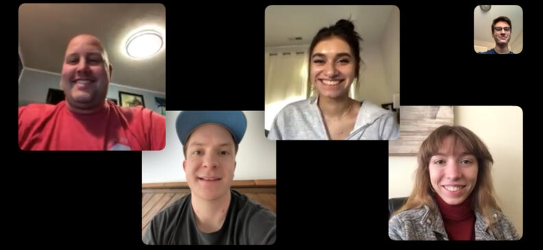 Chuck Evers, Shane Kennedy, Mackenzie Gill, Sierra Leonard, and Elisha Yushin meet virtually in a multi‑window video call for the ACG Cup Northwest competition.