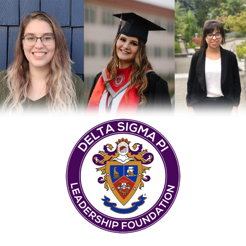 Emily Paup, Kelsey Cottrell, and Brittany McCardle are pictured above the Delta Sigma Pi Leadership Foundation emblem, representing their 4.0‑GPA Scholarship Key honors.