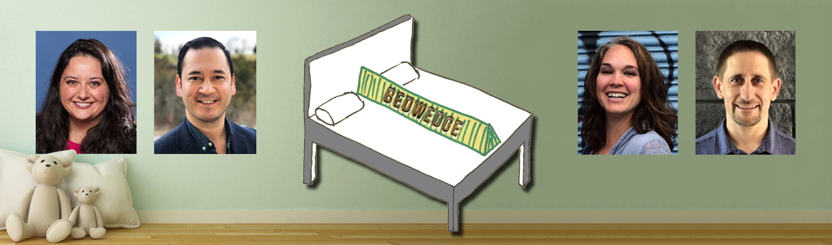 Karli Barich, Tavis Scholz, Annie Carter, and Craig Windish shown beside an illustrated BedWedge prototype displayed on a simple bedroom‑style backdrop.