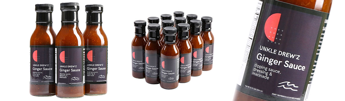 Composite image of Unkle Drew’z Ginger Sauce bottles, including a group of three, a larger cluster, and a close‑up of the label on an angled bottle.