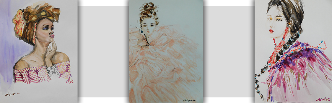 Three watercolor fashion portraits by Jenny Trujillo feature stylized figures with elaborate hairstyles and flowing, textured garments.