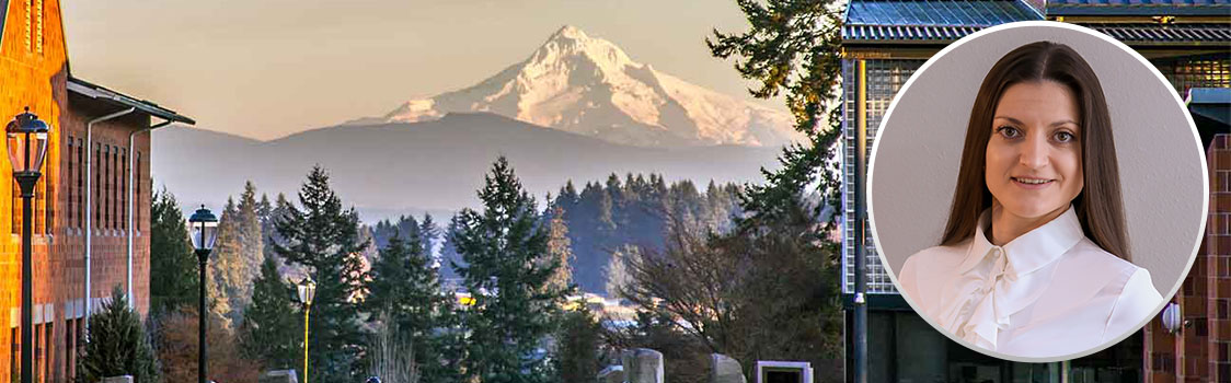 Scenic view of a campus framed by trees with a snow‑covered mountain in the distance, alongside a portrait of Olga Gira emphasizing her story of pursuing an accounting degree.
