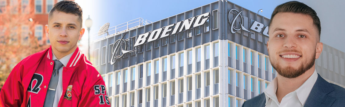 Composite of 2 images of Max Prado in front of a Boeing building, with one wearing an Omega Delta Phi jacket, illustrating Max Prado’s path to working at Boeing.