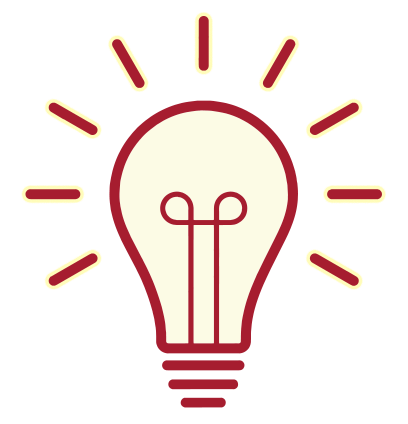 Graphic of a lightbulb outlined in red with yellow rays radiating outward, symbolizing ideas or inspiration.