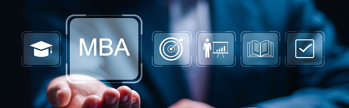 Business professional extending a hand as digital icons appear, with ‘MBA’ highlighted alongside symbols for education, goals, presentations, and achievement.