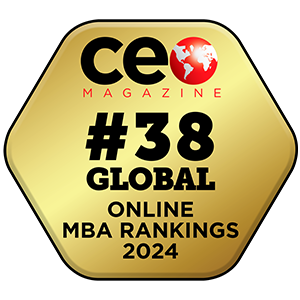 Gold CEO Magazine badge displaying “#38 Global Online MBA Rankings 2024.