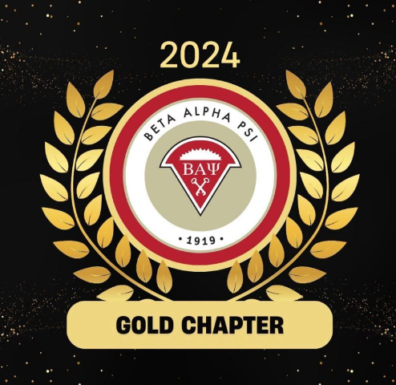 Beta Alpha Psi 2024 Gold Chapter emblem with a gold laurel wreath surrounding the organization’s red and white seal.