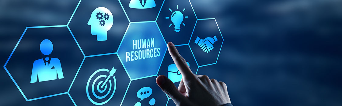 Hand reaching toward glowing digital icons related to human resources, including a head profile, light bulb, handshake, and target.