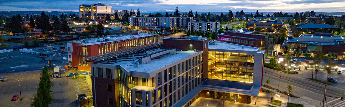 Aerial view of a modern campus district at dusk, with illuminated academic buildings, surrounding roads, and distant city lights under a cloudy sky.