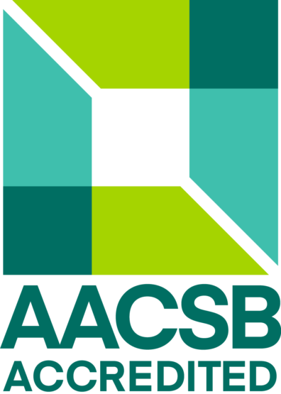 AACSB Accredited logo with geometric green and teal shapes above the text “AACSB Accredited.