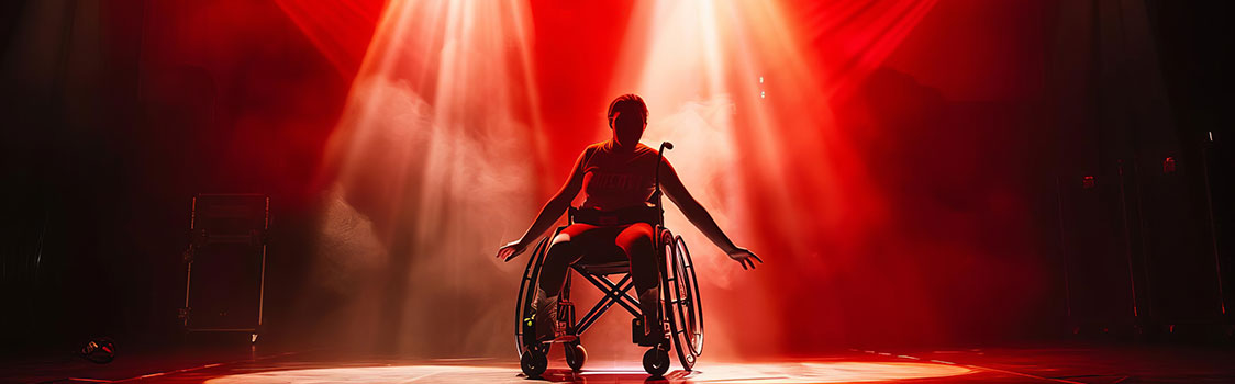 A performer in a wheelchair is dramatically lit by red spotlights on a dark stage, seated with arms extended as mist rises around them.