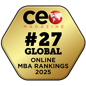 Gold CEO Magazine badge displaying “#27 Global Online MBA Rankings 2025.