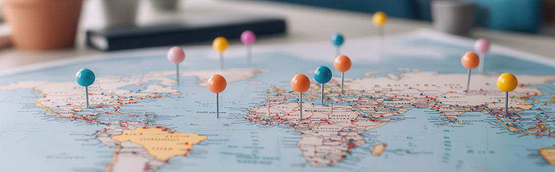A world map marked with colorful pushpins indicating various global locations, with blurred workspace items in the background.
