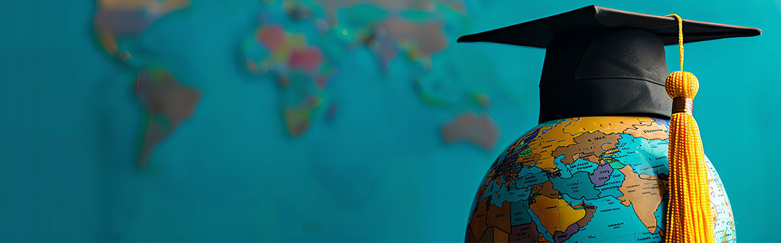 A globe wearing a black graduation cap with a gold tassel sits in front of a softly blurred world map on a teal background.