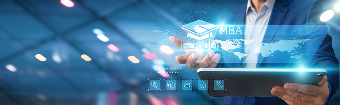 A person in a blue suit holds a tablet as a glowing holographic interface displays an MBA icon and a world map in a futuristic digital setting.