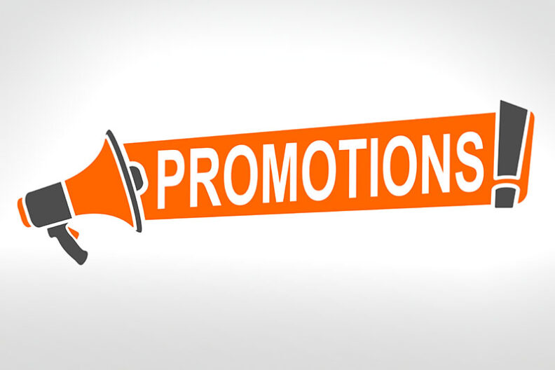 Orange megaphone with the word “PROMOTIONS!” on an orange banner.