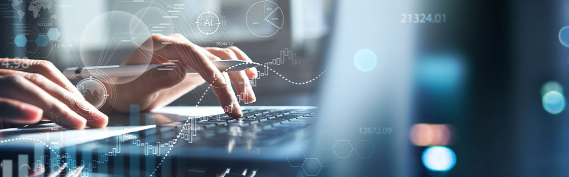 Close-up of hands typing on a laptop keyboard with overlaid digital graphics, including charts, numerical data, hexagonal patterns, and circular diagrams labeled 'AI'.