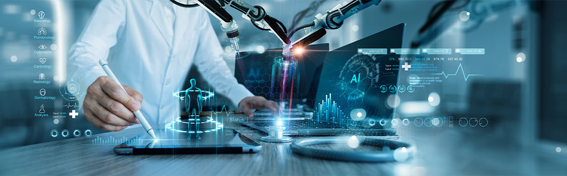 Medical professional interacting with a digital tablet displaying holographic health data, with robotic arms and AI graphics symbolizing technology-driven innovation in healthcare.