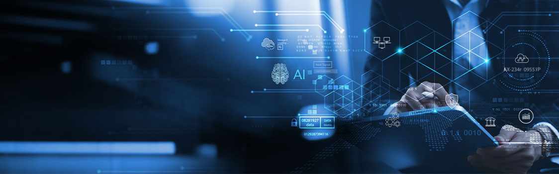 Person using a tablet with holographic graphics of AI, cloud computing, data security, and network connections overlaying a dark blue digital background.