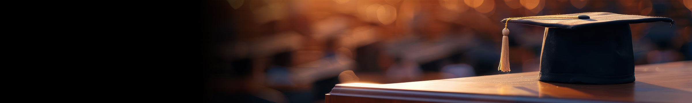 Graduation cap with a gold tassel resting on a podium, set against a softly blurred background of warm lights and an auditorium filled with graduates.