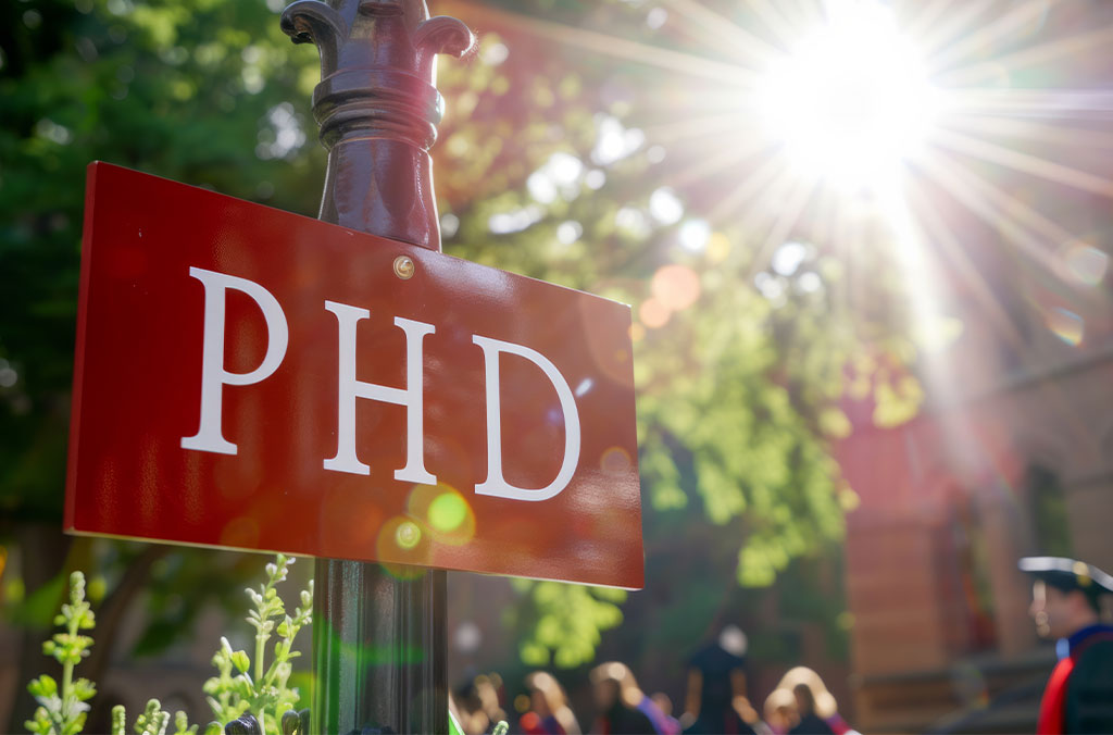 Red “PHD” sign mounted on a post outdoors with bright sunlight filtering through green trees in the background.