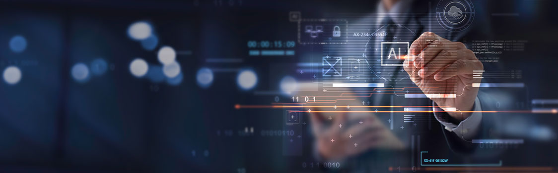 Person in business attire interacting with a transparent digital interface featuring AI icons, data overlays, and glowing tech elements on a dark blue background.