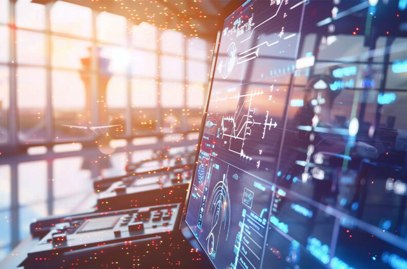 Digital flight‑operations display showing charts, maps, and system data on a glossy screen, with bright sunlight filtering through large airport windows in the background.