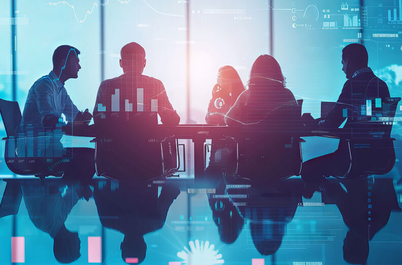 Silhouettes of professionals meeting around a conference table, overlaid with digital charts, graphs, and data visualizations.