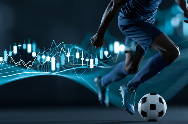 Soccer player dribbles a ball with financial charts and data visualizations overlaid, representing sports analytics research.