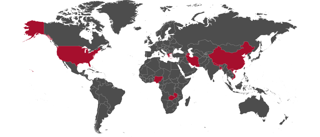 World map with Azerbaijan, Bangladesh, China, Greece, Iran, Nepal, Nigeria, The United States, Vietnam, and Zambia highlighted in red.