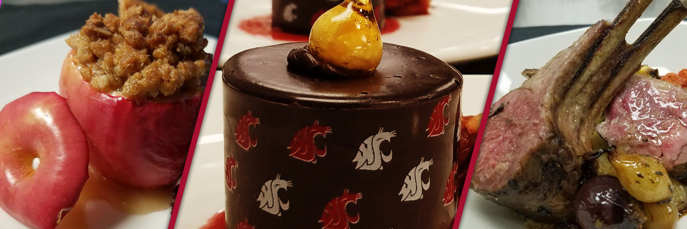 “Three‑panel catering banner showing a baked apple dessert, a chocolate cake decorated with WSU logos, and sliced rack of lamb plated with sauce.