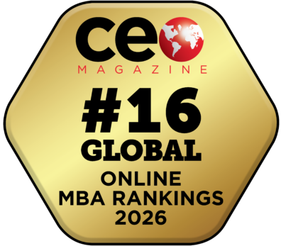 Badge indicating #16 Ranking of the Global Online MBA Rankings in 2026 by ceo magazine.