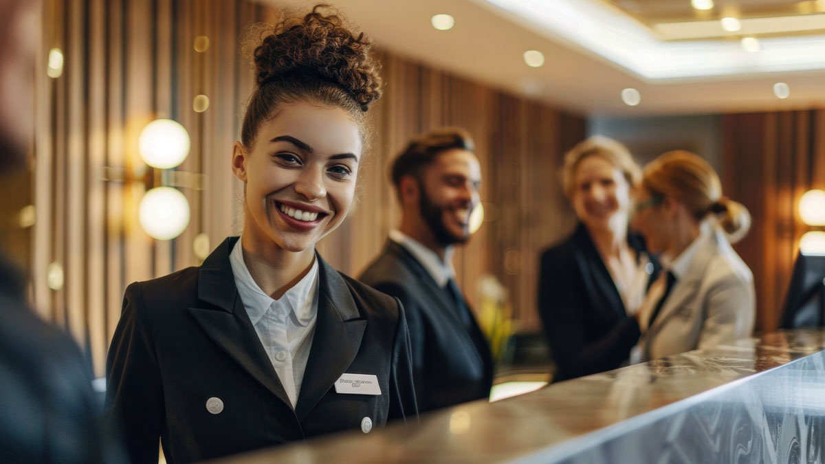Hospitality professional standing at a reception desk with colleagues in the background of a hotel lobby.
