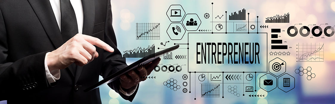 Business professional using a tablet, surrounded by digital icons and graphs representing entrepreneurship, with the word 'ENTREPRENEUR' prominently displayed in the center.