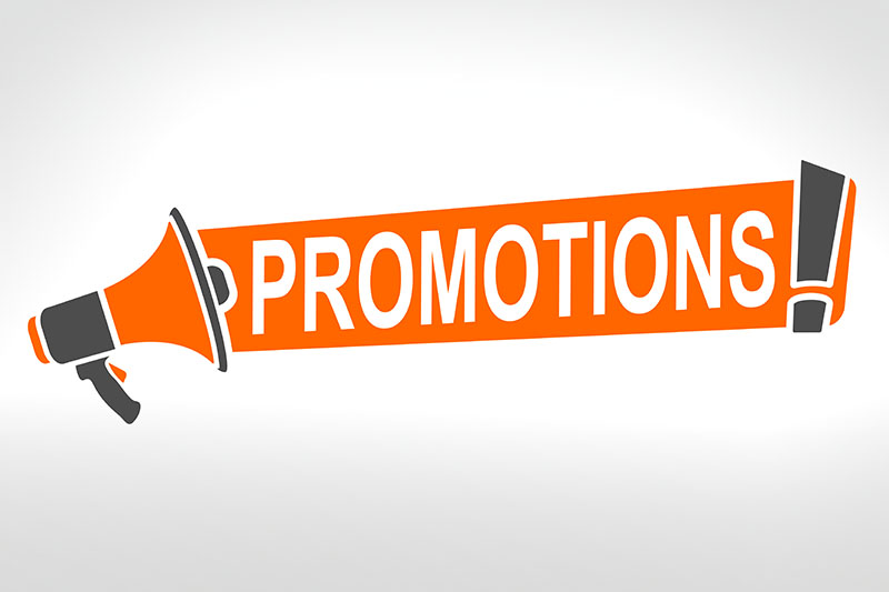 Orange megaphone with the word “PROMOTIONS!” on an orange banner.