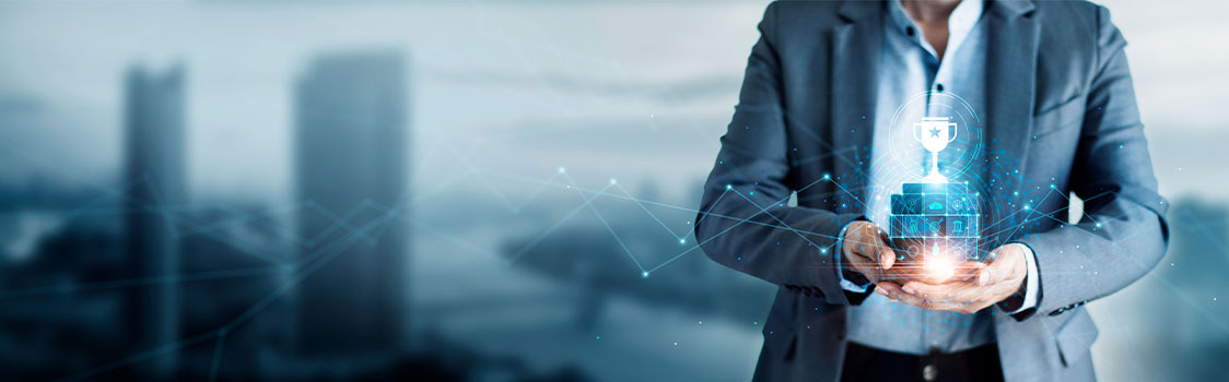 Person in a suit holding a holographic trophy, surrounded by digital network lines, with a blurred urban cityscape in the background.