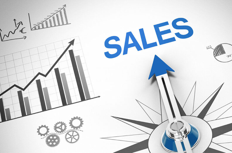 Graphical representation of sales data with upward-trending bar and line graphs, the word 'SALES' in bold blue letters, and gear icons indicating sales processes.