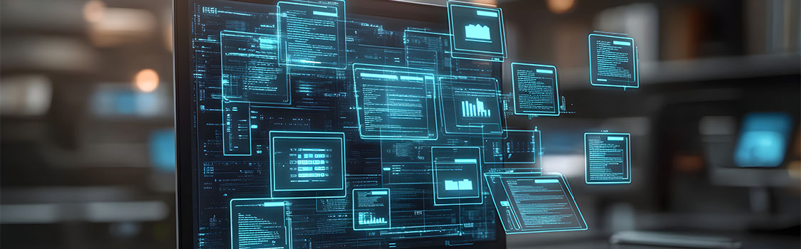 Computer monitor displaying multiple floating digital screens with charts, graphs, and data visualizations in a dark, modern workspace, representing advanced data analytics and technology.