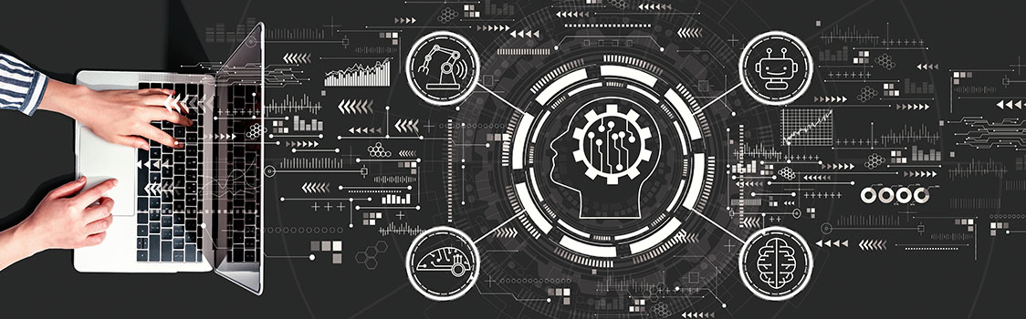 Hands typing on a laptop with a digital interface showing a gear and circuit graphic at the center, surrounded by icons for robotics, automation, and artificial intelligence.