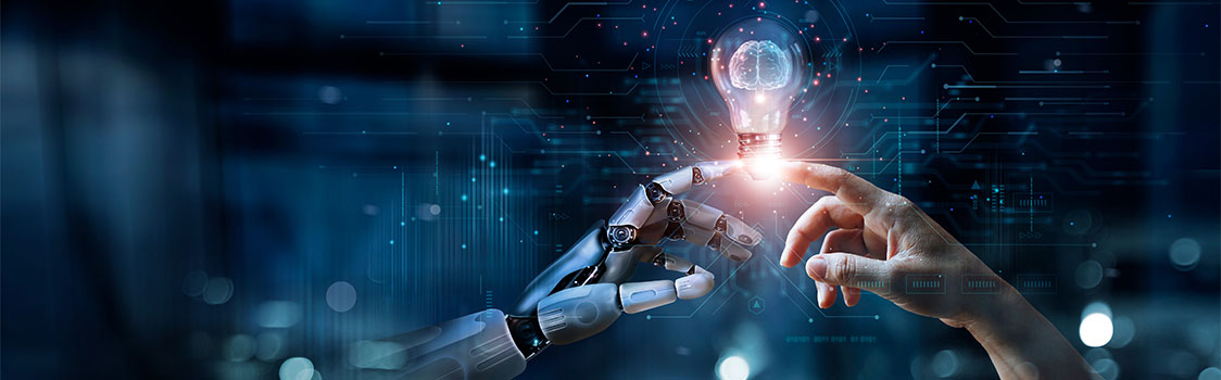 A robotic hand and a human hand reaching toward each other with a glowing light bulb between them, symbolizing innovation and collaboration in technology.